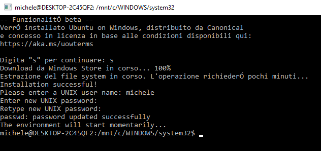 Installare e usare la bash Linux in Windows 10