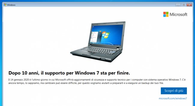 La notifica dell'imminente ritiro di Windows 7 appare anche sull'edizione Pro