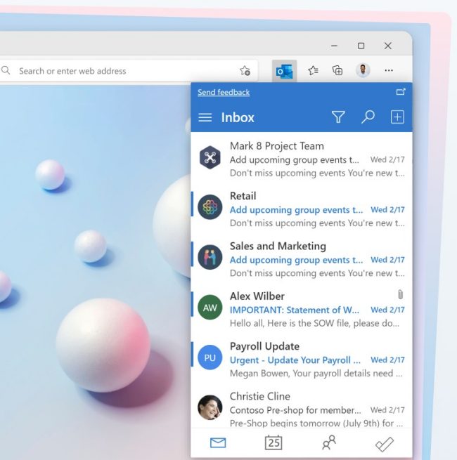 L'estensione Outlook per Edge che consente di gestire posta, calendario, contatti e attività
