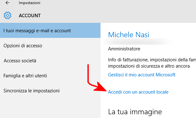 Passare da account Microsoft a account locale in Windows 10