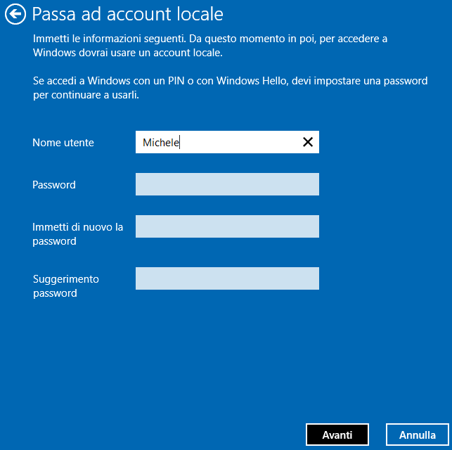 Passare da account Microsoft a account locale in Windows 10