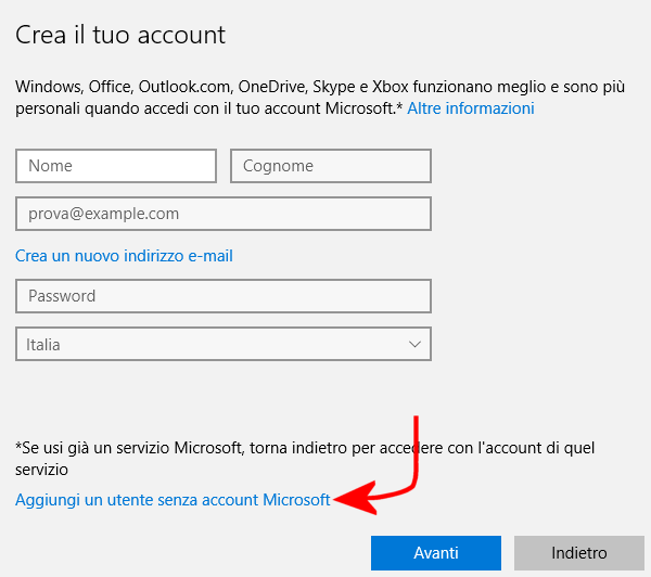 Passare da account Microsoft a account locale in Windows 10