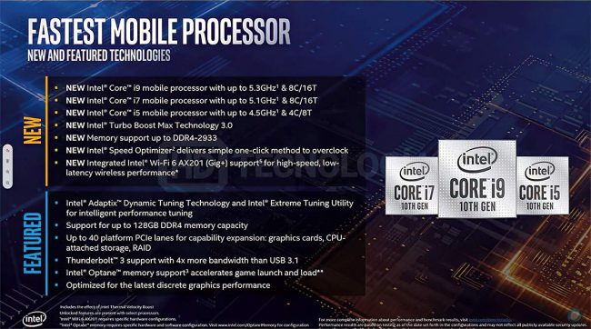 Processori Intel Comet Lake-S serie H per i portatili: ecco le specifiche complete
