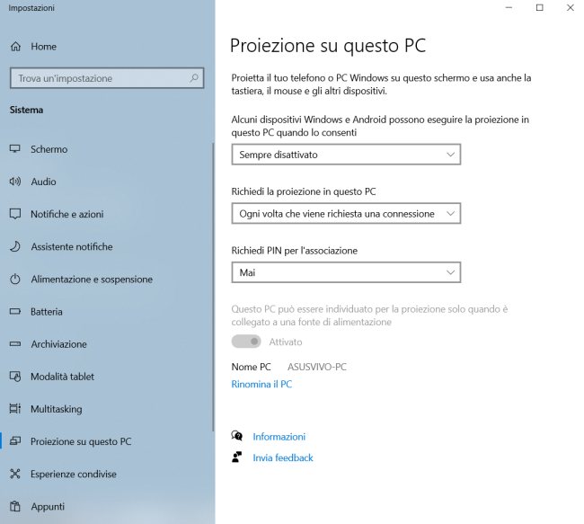 Come proiettare lo schermo di Windows 10 su altri dispositivi