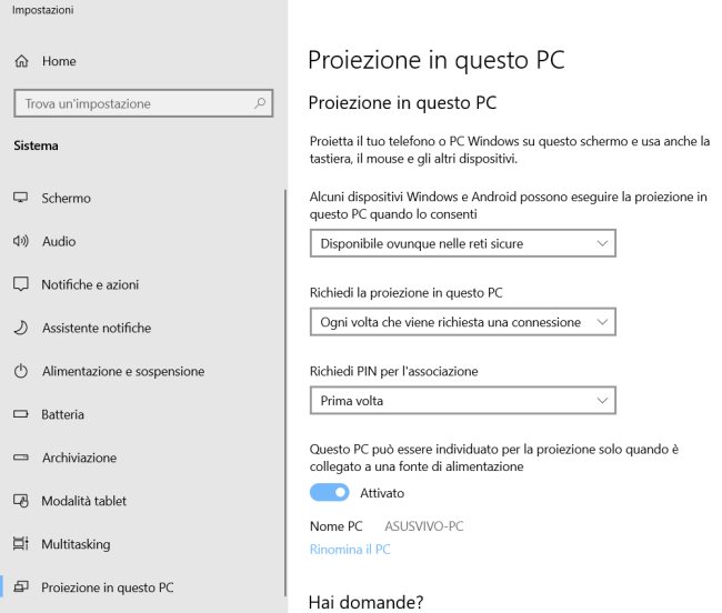 Come proiettare lo schermo di Windows 10 su altri dispositivi