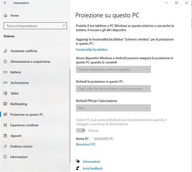 Proiezione su questo PC non più disponibile in Windows 10: come attivarla