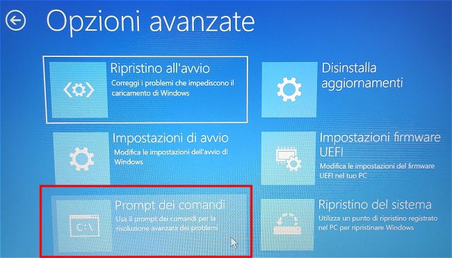 Come aprire il prompt dei comandi quando Windows 10 non si avvia