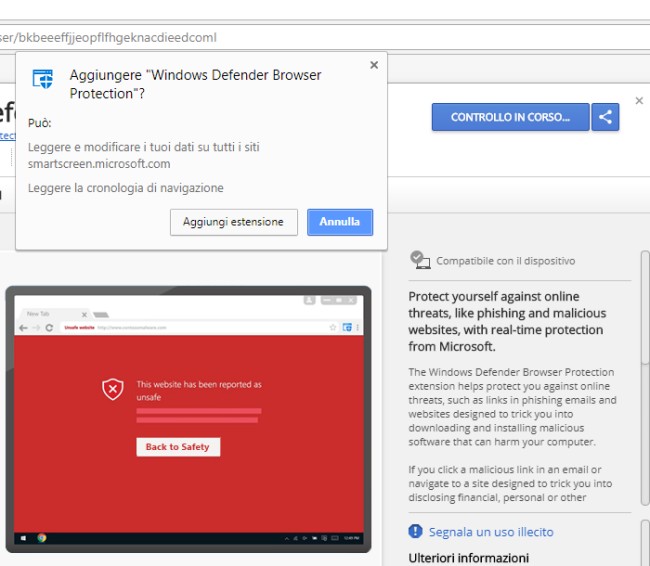 Protezione antimalware e contro il phishing su Chrome con SmartScreen