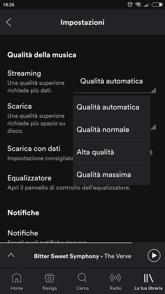 Spotify: qualità audio adattabile alla connessione in uso
