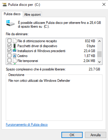 Recuperare spazio in Windows 10 dopo l'aggiornamento Fall Update