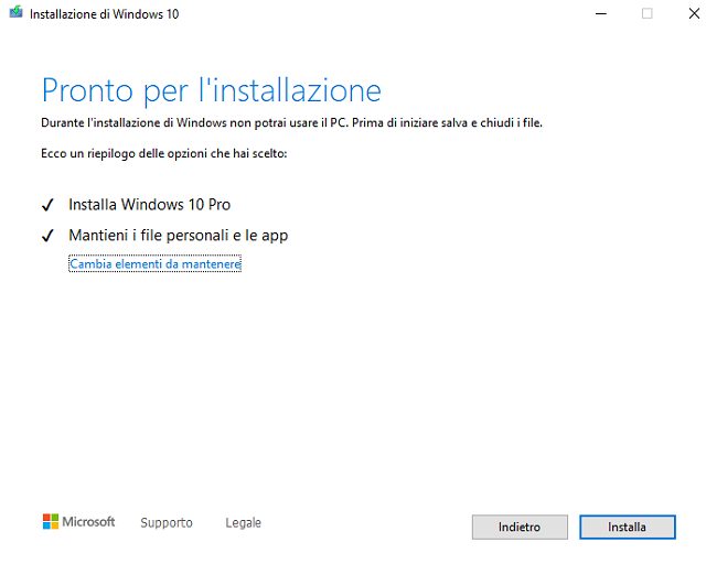 Reinstallare Windows 10 con un in-place upgrade