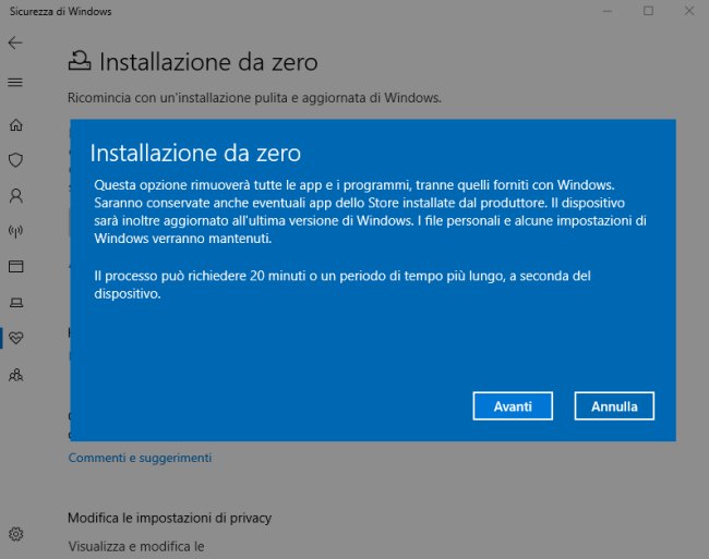 Come reinstallare Windows 10 rimuovendo i componenti superflui