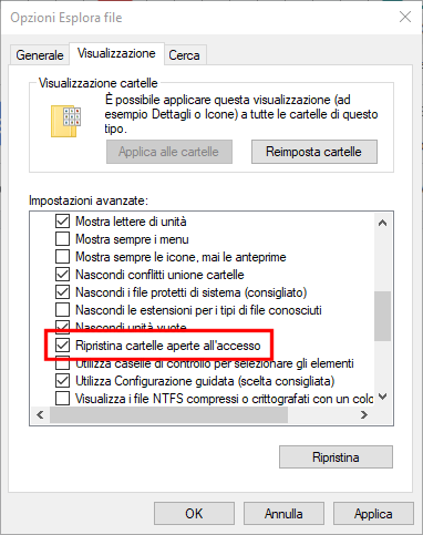 Ripristinare la precedente sessione di lavoro in Windows 10