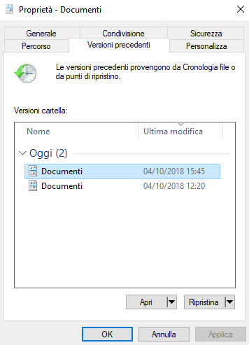 Ripristinare versione precedente di un file o di una cartella con Windows 10