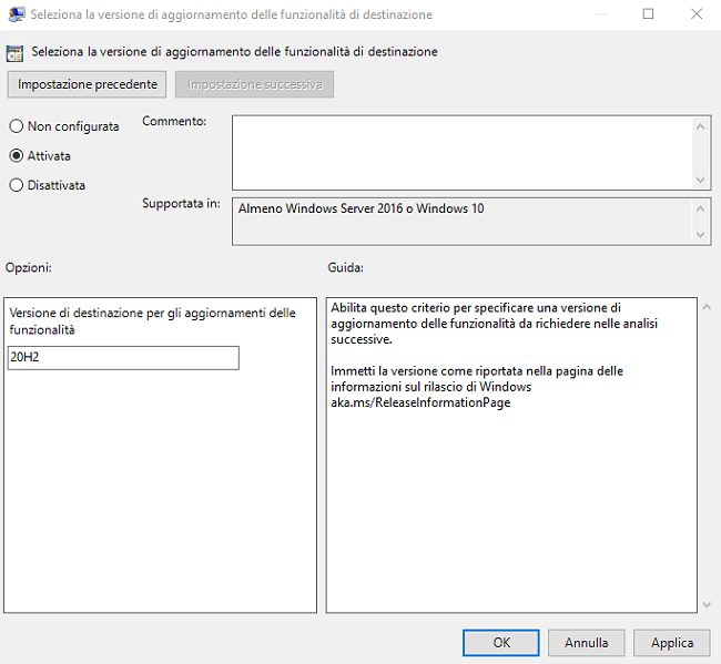 Windows 10: impostare la versione da installare