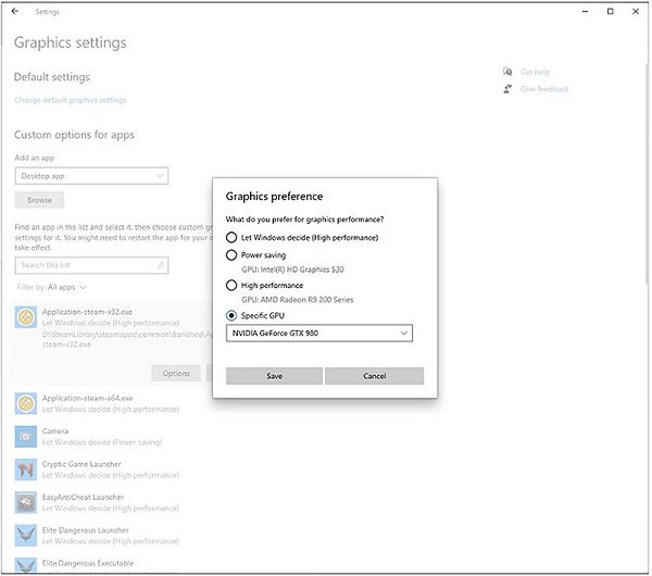 Windows 10 decide quale scheda grafica utilizzare per ogni applicazione