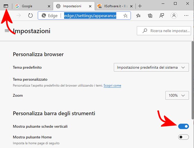 Edge propone la possibilità di visualizzare le schede di navigazione in verticale