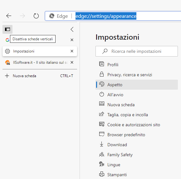 Edge propone la possibilità di visualizzare le schede di navigazione in verticale
