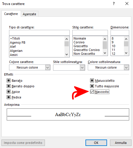 Come scrivere testo nascosto in Word