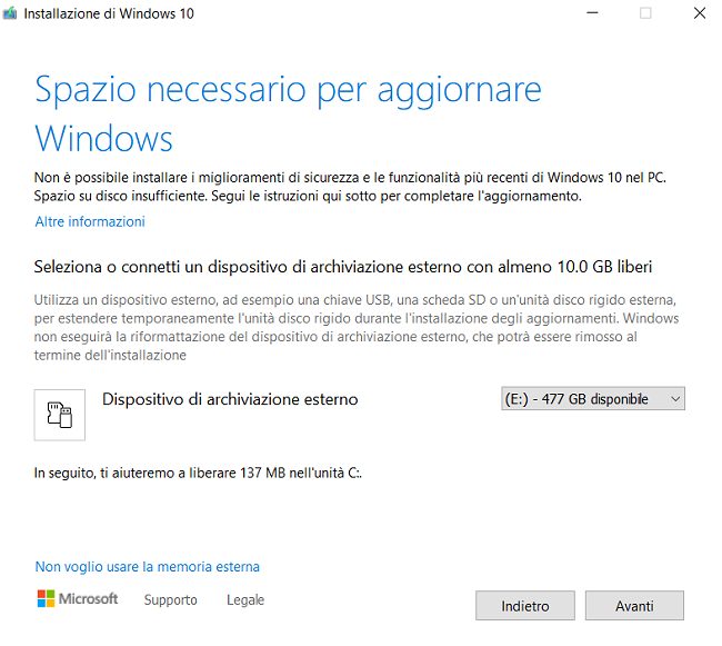 Spazio insufficiente per aggiornare Windows 10, come risolvere
