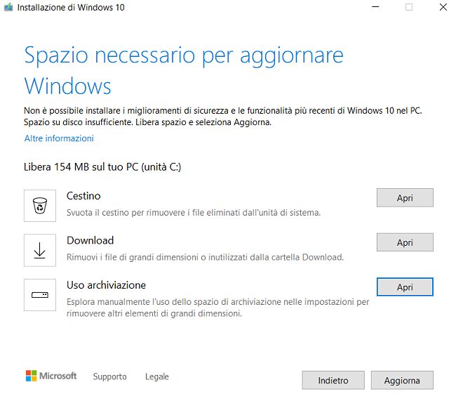 Spazio insufficiente per aggiornare Windows 10, come risolvere