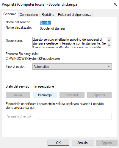 Spooler di stampa non è in esecuzione o non funziona aggiornando da Windows 7 a Windows 10
