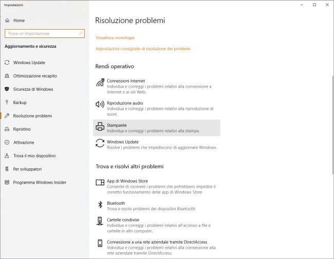 Spooler di stampa non è in esecuzione o non funziona aggiornando da Windows 7 a Windows 10