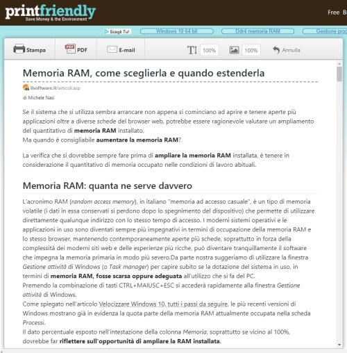 Stampare pagine web senza pubblicità, immagini e sfondi