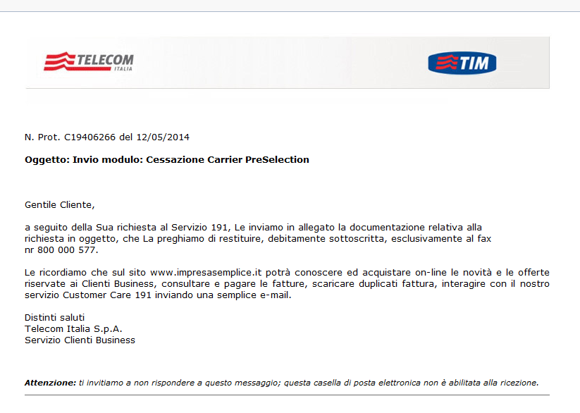 Cessazione Carrier PreSelection, il virus che bersaglia gli utenti Telecom