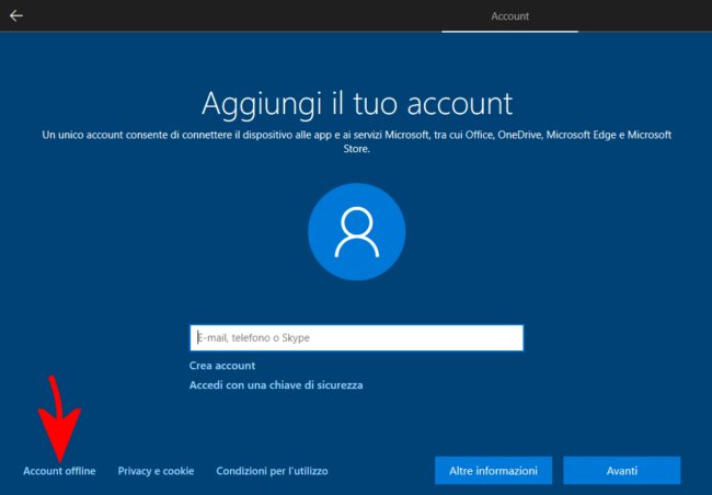 Installare Windows 10 con account locale senza account Microsoft
