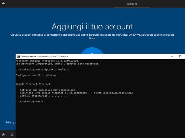 Installare Windows 10 con account locale senza account Microsoft