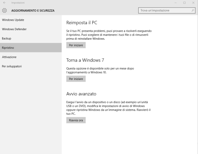 Tornare a Windows 7 o Windows 8.1 da Windows 10