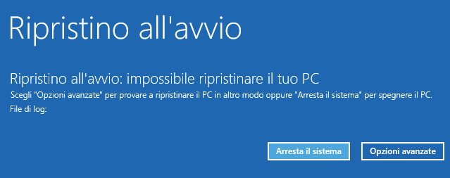 Windows 10 non si avvia e la riparazione automatica non funziona