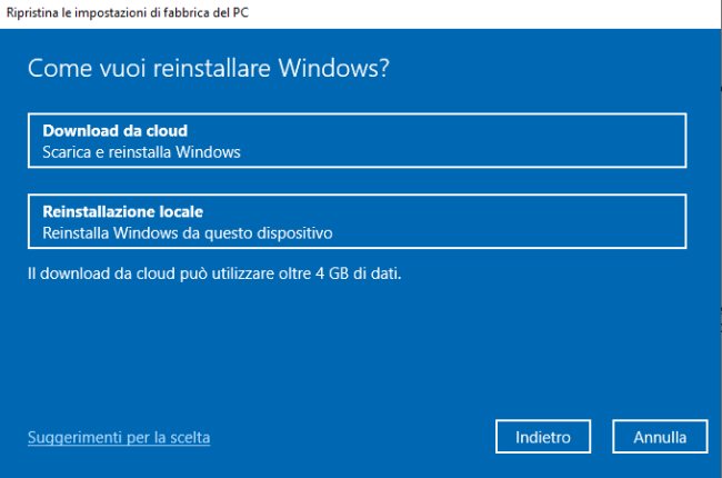 Windows 10, ripristino del sistema operativo via cloud
