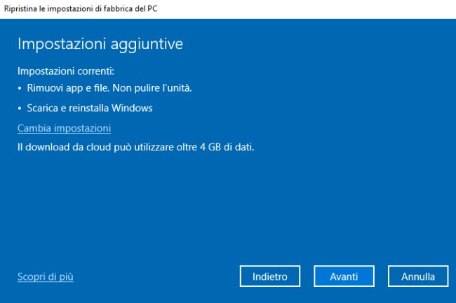 Windows 10, ripristino del sistema operativo via cloud