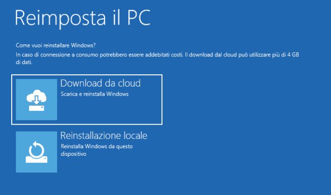 Windows 10, ripristino del sistema operativo via cloud