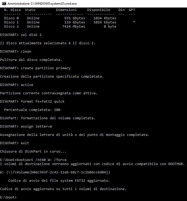 Windows 10 supporto USB di boot usando solo Diskpart