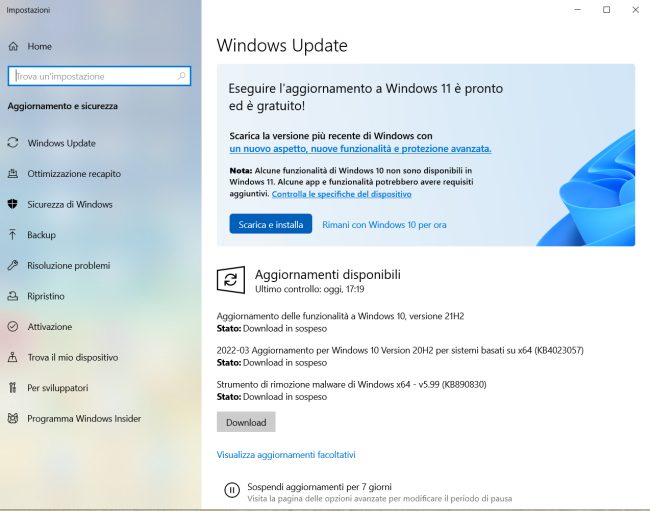 Windows 10: nascondere la notifica di aggiornamento a Windows 11 in Windows Update
