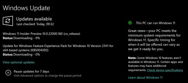 Windows Update dice se il sistema è compatibile con Windows 11